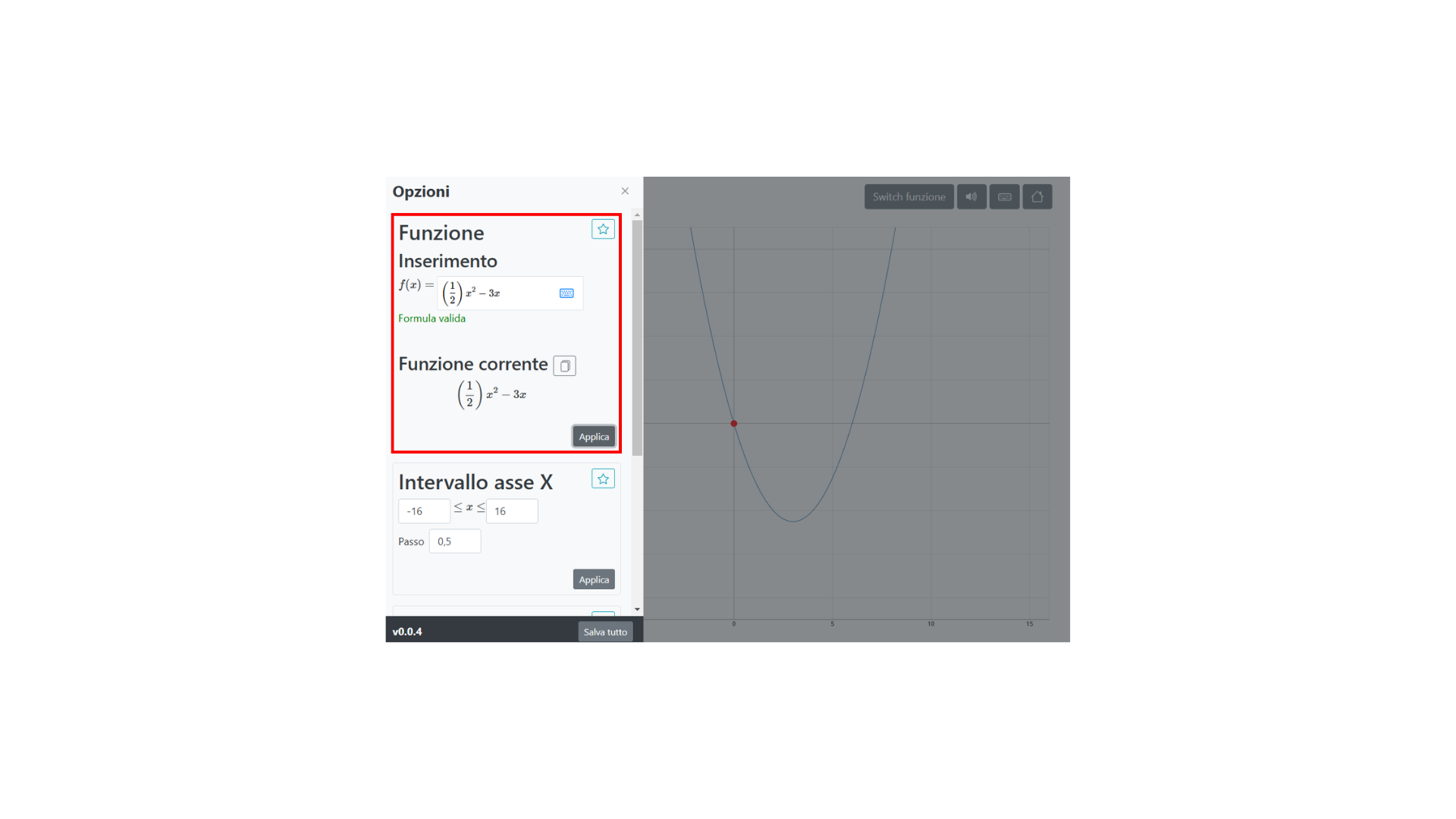 Pannello delle opzioni con evidenziato il blocco per l'inserimento della funzione